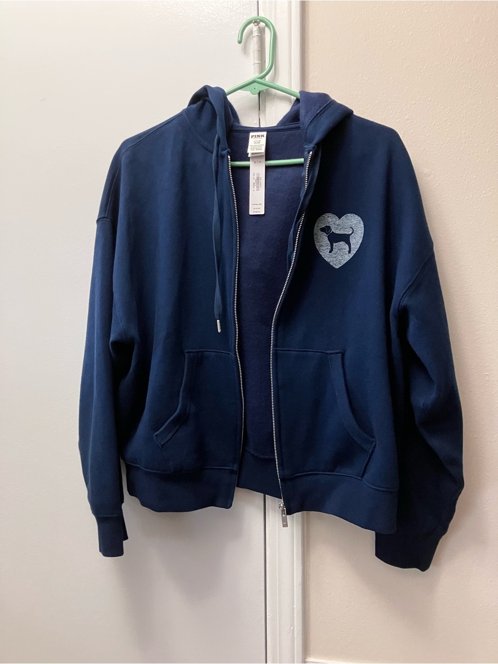 PINK Victoria's Secret Navy Zip-Up Hoodie with Light Blue Dog Heart